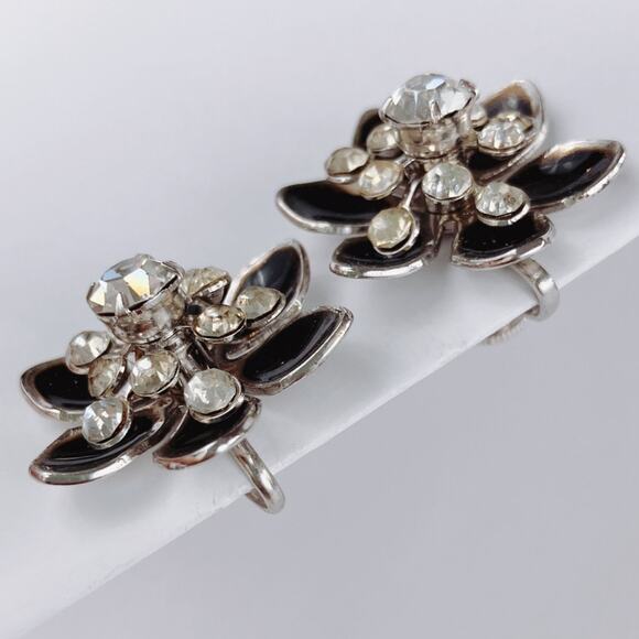 VTG Signed Coro Screw Back Earrings Black Enamel Rhinestone Mid Century - Picture 4 of 10